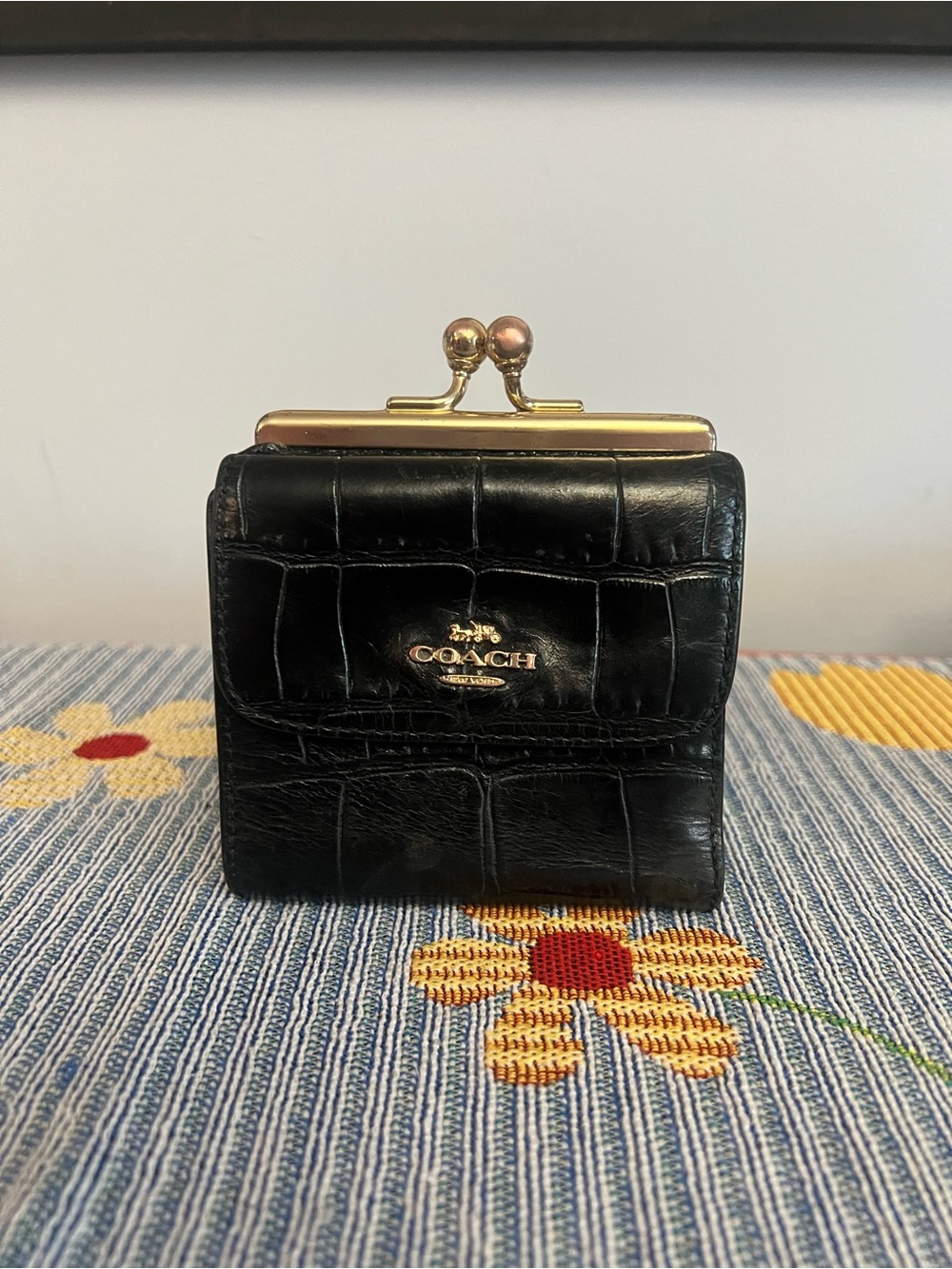 Coach Black Croc-Embossed Leather Wallet with Kiss-Lock